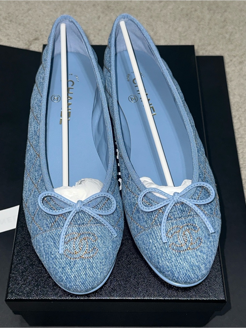 CHANEL Denim Quilted Ballet Flats in Light Blue with Bow